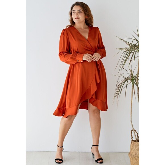 Chicwish M Rust Asymmetric Faux Wrap Ruffle Hem Satin Dress 711 - Picture 1 of 13